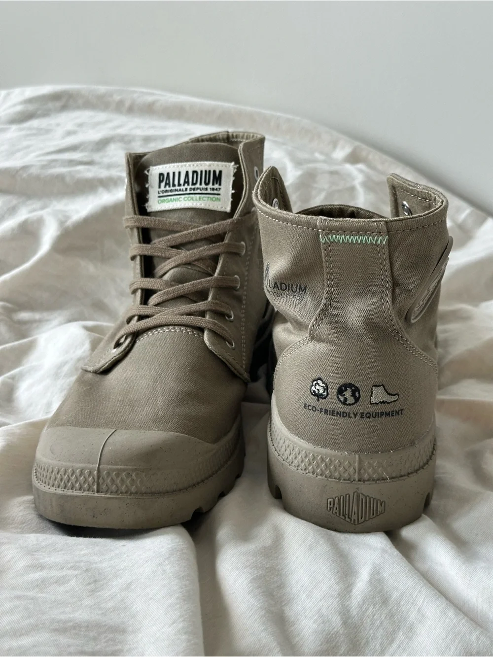 Palladium Taupe Green-Stitch Canvas High-Top Boots